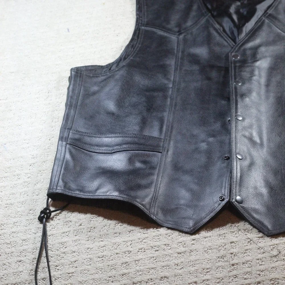 Vintage Genuine Leather Size XXL Heavy Black Moto Vest w Adjustable Sides